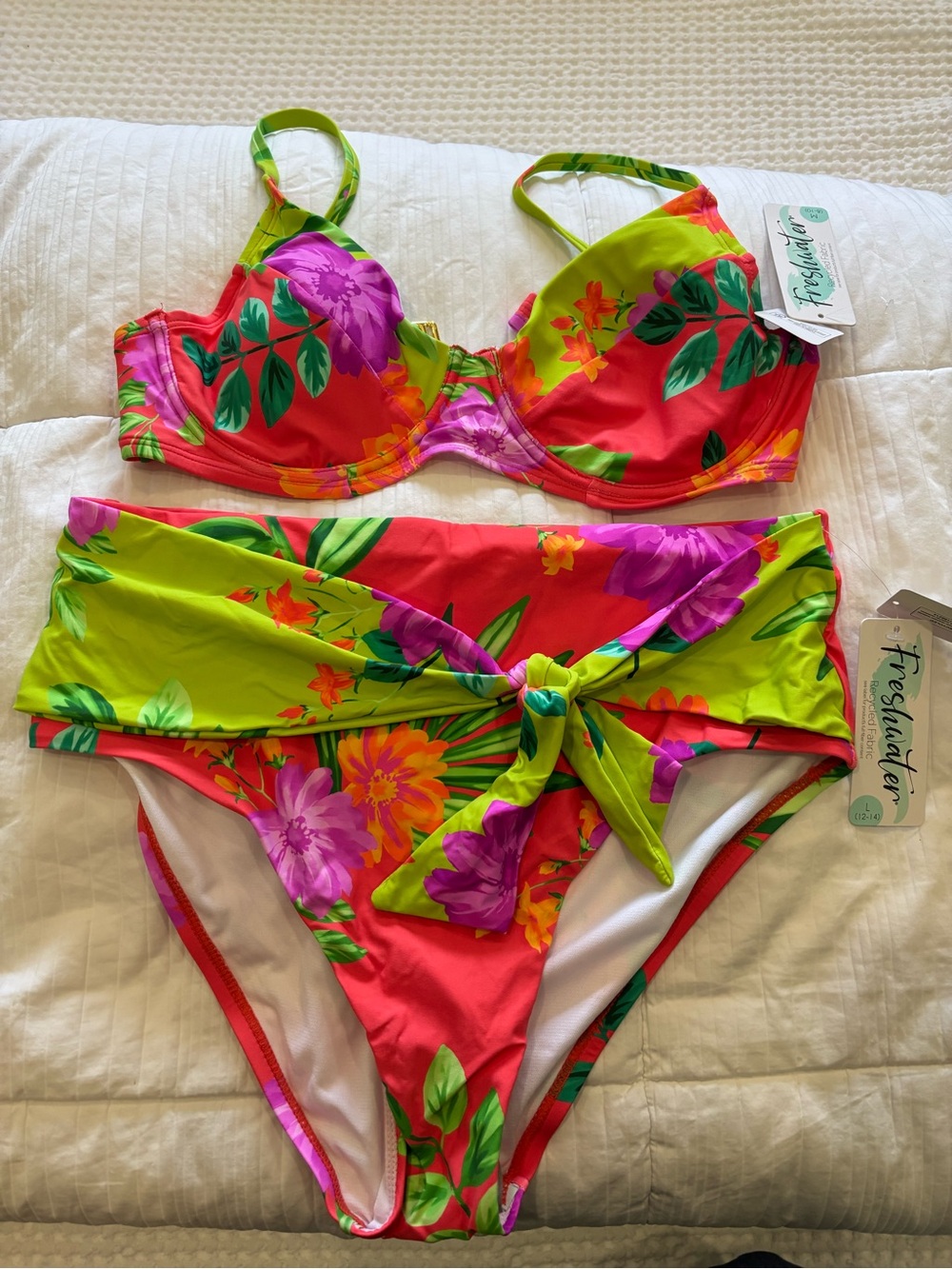 Freshwater Floral Tie-Front Bikini Set in Bright Green & Coral